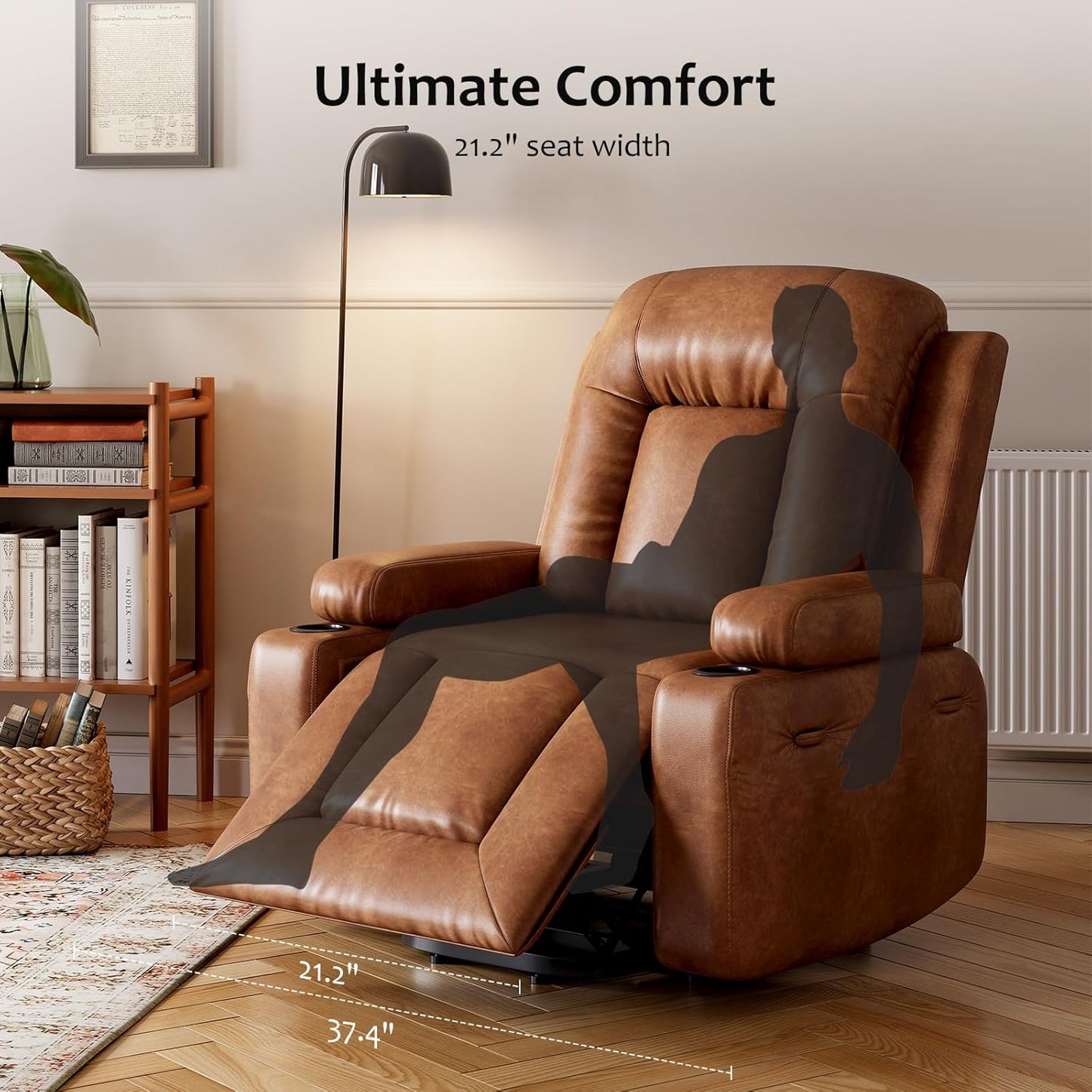 Faux Leather Power Lift Recliner Chair for Elderly, Lift Assist Recliner for Seniors with Heat and Massage Function, Reclining Sofa w/Pockets and Cup Holders CF8008 (Cognac, Medium)
