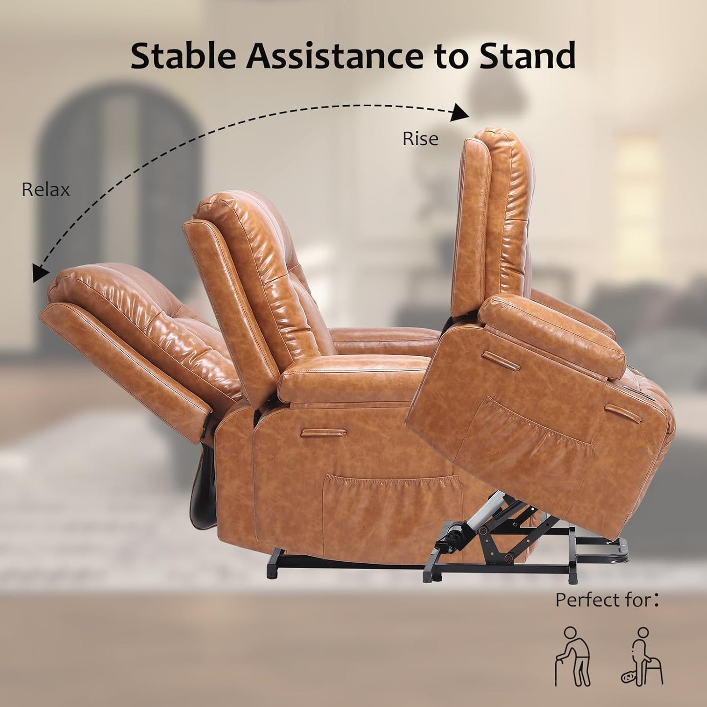Faux Leather Power Lift Recliner Chair for Elderly, Lift Assist Recliner for Seniors with Heat and Massage Function, Reclining Sofa w/Pockets and Cup Holders CF8008 (Cognac, Medium)