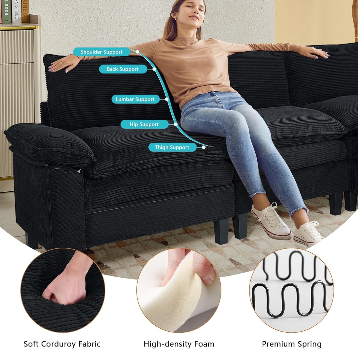 Aoowow Modular Sectional Sofa, 85.4'' Corduroy Sectional Couch, 2-Seater Comfy Cloud Couch with Deep Seat and Removable Armrest, Modern Upholstered Loveseat Sofa Couch for Living Room, Black