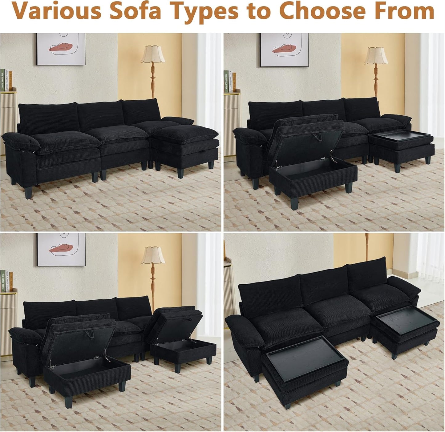 Aoowow Modular Sectional Sofa, 85.4'' Corduroy Sectional Couch, 2-Seater Comfy Cloud Couch with Deep Seat and Removable Armrest, Modern Upholstered Loveseat Sofa Couch for Living Room, Black