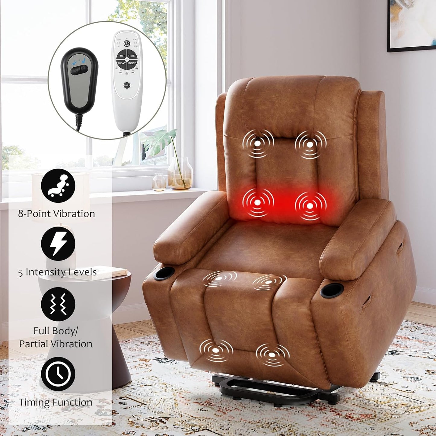 Faux Leather Power Lift Recliner Chair for Elderly, Lift Assist Recliner for Seniors with Heat and Massage Function, Reclining Sofa w/Pockets and Cup Holders CF8008 (Cognac, Medium)