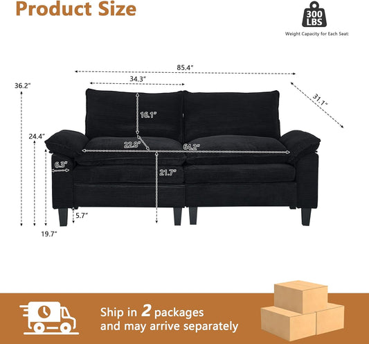 Aoowow Modular Sectional Sofa, 85.4'' Corduroy Sectional Couch, 2-Seater Comfy Cloud Couch with Deep Seat and Removable Armrest, Modern Upholstered Loveseat Sofa Couch for Living Room, Black