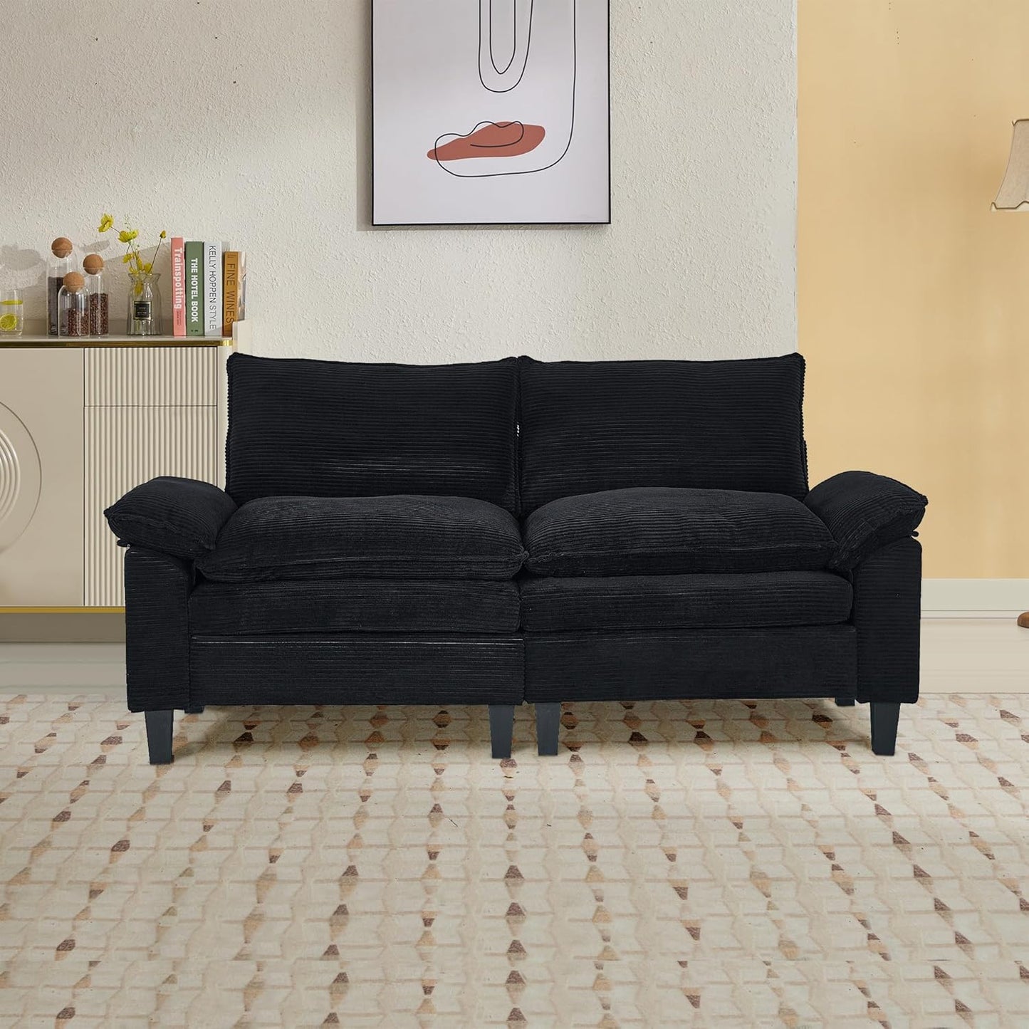 Aoowow Modular Sectional Sofa, 85.4'' Corduroy Sectional Couch, 2-Seater Comfy Cloud Couch with Deep Seat and Removable Armrest, Modern Upholstered Loveseat Sofa Couch for Living Room, Black