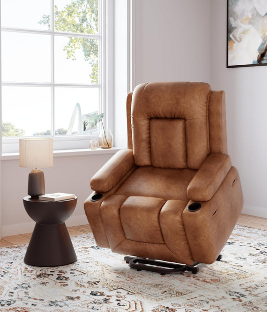 Faux Leather Power Lift Recliner Chair for Elderly, Lift Assist Recliner for Seniors with Heat and Massage Function, Reclining Sofa w/Pockets and Cup Holders CF8008 (Cognac, Medium)