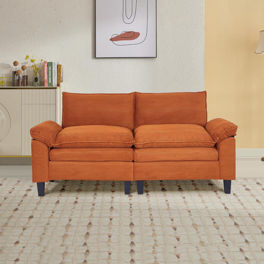 Aoowow Modular Sectional Sofa, 85.4'' Corduroy Sectional Couch, 2-Seater Comfy Cloud Couch with Deep Seat and Removable Armrest, Modern Upholstered Loveseat Sofa Couch for Living Room, Orange