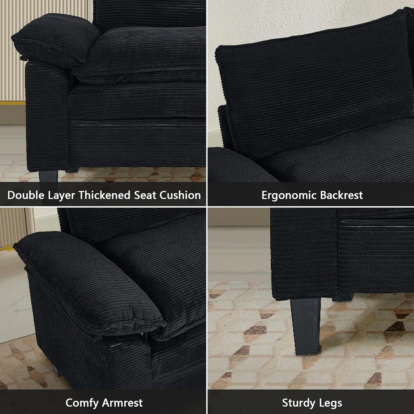 Aoowow Modular Sectional Sofa, 85.4'' Corduroy Sectional Couch, 2-Seater Comfy Cloud Couch with Deep Seat and Removable Armrest, Modern Upholstered Loveseat Sofa Couch for Living Room, Black